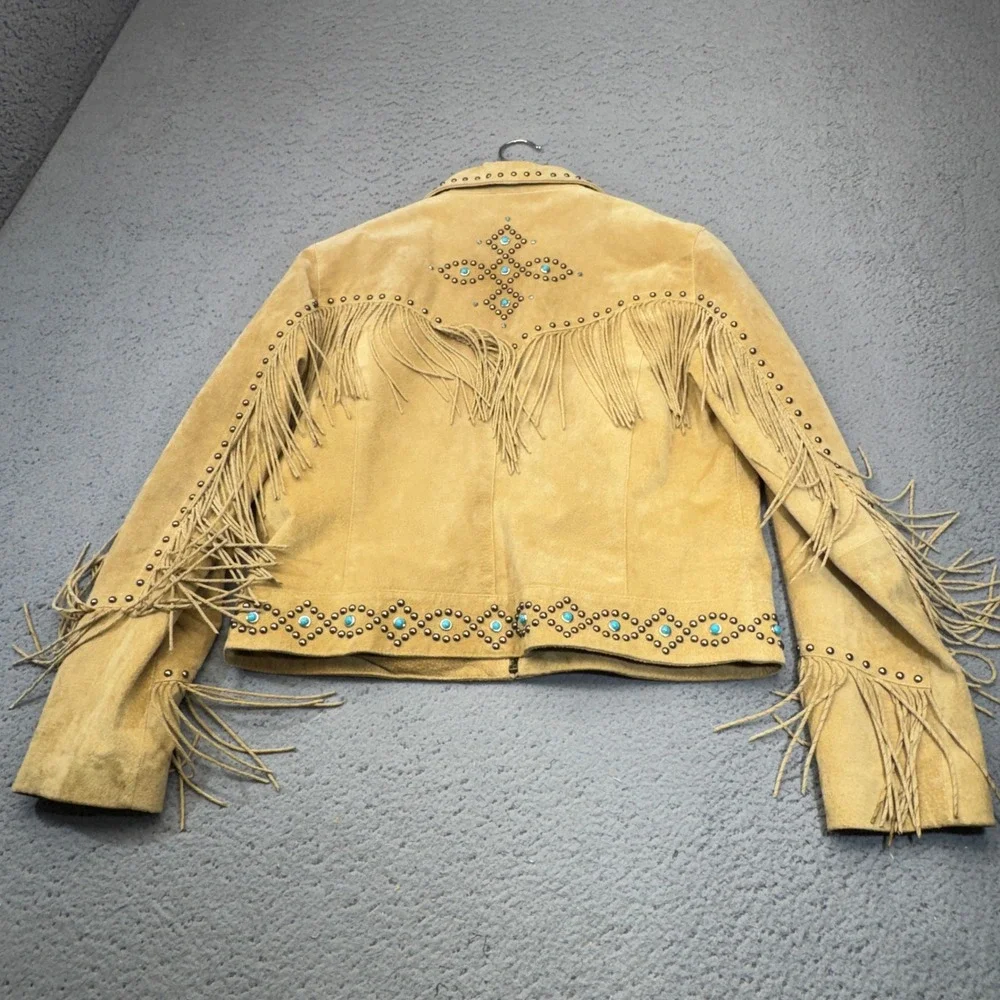 Scully Leather Fringe Jacket Womens XL Tan Suede Studded Turquoise Western Boho